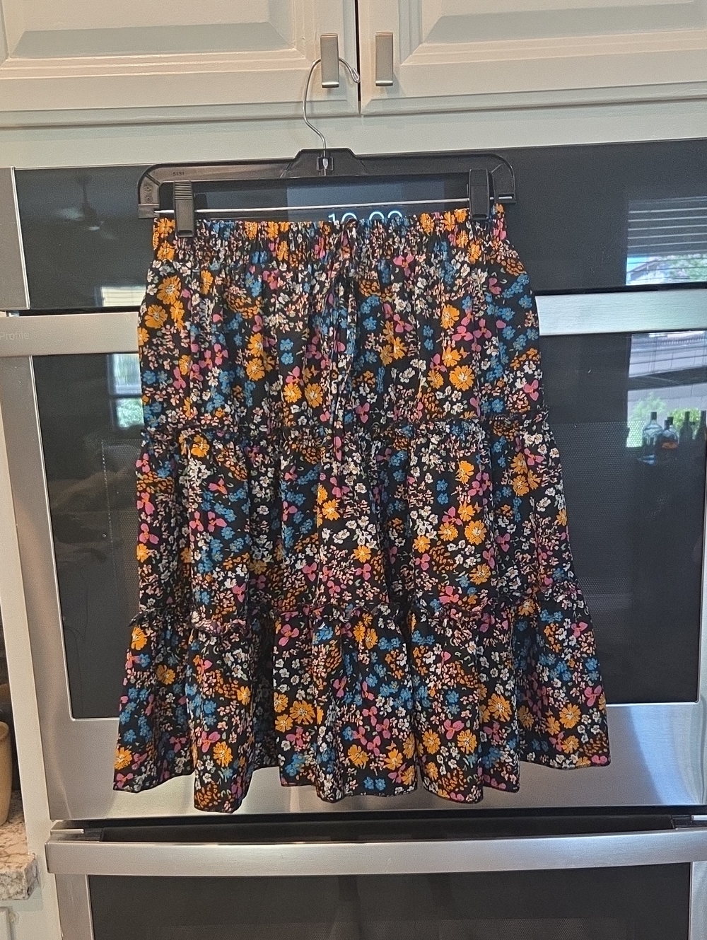 Floral Tiered A-Line Skirt - Black with Pink, Blue & Yellow Floral